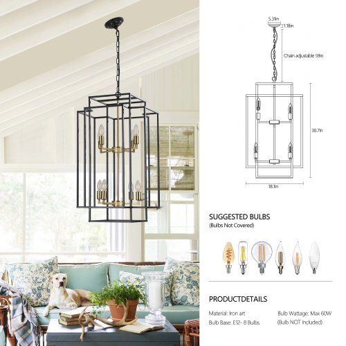 8 Lights Black & Gold Lantern Tiered Chandelier, Industrial Farmhouse Chandelier - No Bulbs Unavailable Platform- Temu - Image 6