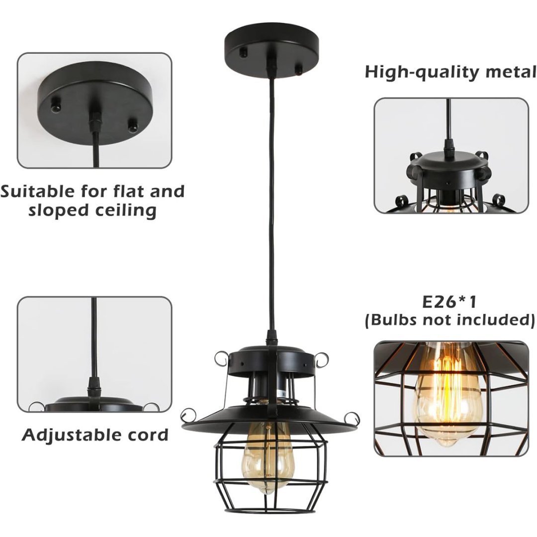 Vintage Farmhouse Pendant Light Rustic Metal Caged Pendant Lights Black Cage Hanging Lamp For Kitchen Island Entryy Bedrooms Living Room Barn,Adjustable Height,E26 Bulb 1 Light - Image 9