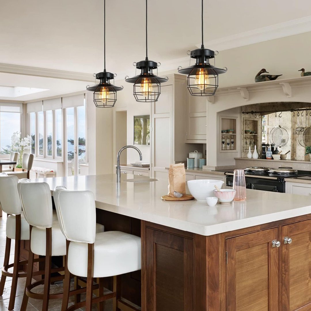 Vintage Farmhouse Pendant Light Rustic Metal Caged Pendant Lights Black Cage Hanging Lamp For Kitchen Island Entryy Bedrooms Living Room Barn,Adjustable Height,E26 Bulb 1 Light