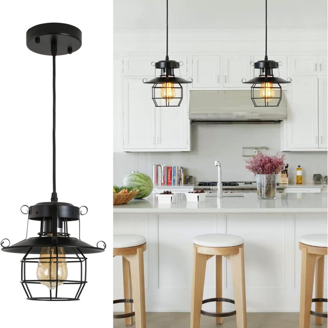 Vintage Farmhouse Pendant Light Rustic Metal Caged Pendant Lights Black Cage Hanging Lamp For Kitchen Island Entryy Bedrooms Living Room Barn,Adjustable Height,E26 Bulb 1 Light - Image 2