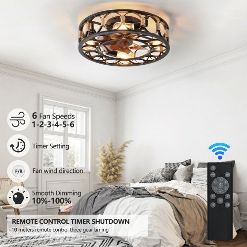 Cage Ceiling Fan With Light Remote Control, Low-profile Built-in Farmhouse Modern Ceiling Fan, 6 Speed Reversible Blades, Including 5 LED Bulbs Unavailable Platforms- Temu - Image 7