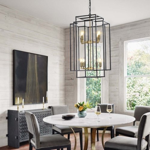 8 Lights Black & Gold Lantern Tiered Chandelier, Industrial Farmhouse Chandelier - No Bulbs Unavailable Platform- Temu